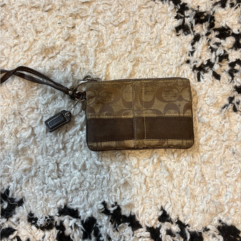 Coach Signature Khaki Brown Wristlet Bag